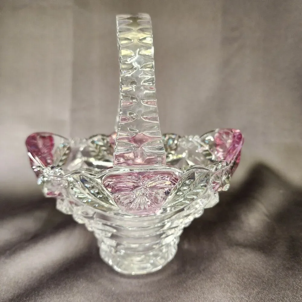Vtg Anna Hutte Bleikristall Crystal basket Pink flowers  7
